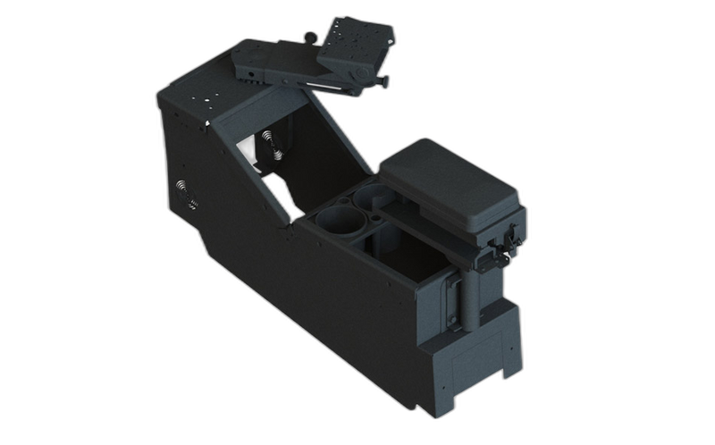 2020+ Ford Police Interceptor® Utility Low-Profile Console Box with Cup Holder, Printer Armrest, and 9″ Locking Slide Arm Kit