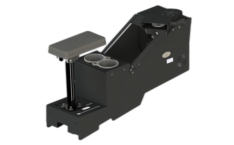 2020+ Ford Police Interceptor® Utility Short Console Box with Cup Holder, Armrest, and Mongoose® – 9″ Locking Slide Arm with Short Clevis