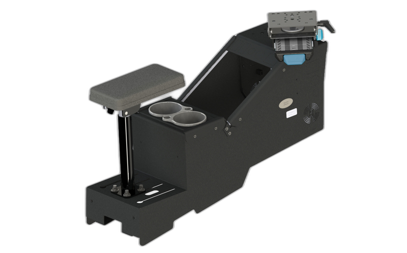 2020+ Ford Police Interceptor® Utility Short Console Box with Cup Holder, Armrest, and Mongoose® XE 7″ Motion Attachment