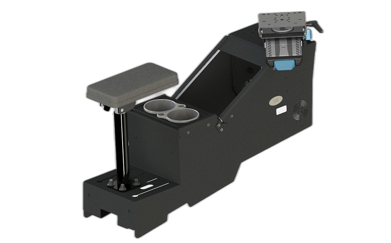 2020+ Ford Police Interceptor® Utility Short Console Box with Cup Holder, Armrest, and Mongoose® XE 9″ Motion Attachment