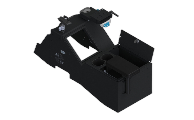 2021+ Ford F150 & 2023+ F250-550 Wide Body Console Box Kit with Magnetic Phone Holder, Cup Holder, Rear Armrest, and Mongoose® XLE 9″ Motion Attachment