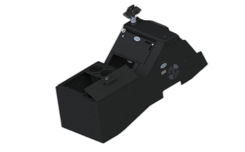 2021+ Ford F150 & 2023+ F250-550 Wide Body Console Box Kit with Magnetic Phone Holder, Printer Mount, Cup Holder, Rear Armrest, and Mongoose® XLE 9″ Motion Attachment