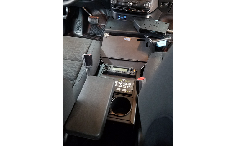 Gamber-Johnson 7170-0885-01: 2021+ Dodge Durango Standard Console Box Kit with Printer Mount, Magnetic Phone Holder, Cup Holder, and Rear Armrest