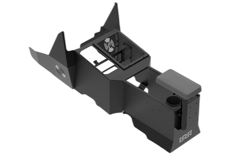 2022+ Ford F-150 Lightning Wide-to-Narrow Console Box with Cup Holder, Tall Rear Armrest and Mongoose ® XLE 9″ Motion Attachment
