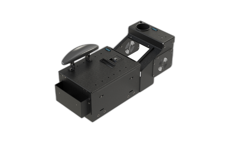KIT – Small-Short Workstation Box with File Hanger Tray, Adjustable Armrest, and 9″ Radio Platform (Cupholder Version)