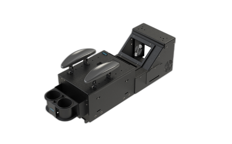 KIT – Small-Short Workstation Box with File Hanger Tray, Workstation Console Box (with 3″ & 5″ Radio Openings), 2 Adjustable Armrests, External Cupholder, and Top Plate