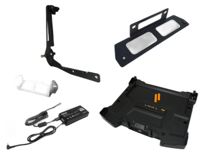 Package – Docking Station For Getac S410 Notebook With Triple Pass-Thru Antenna Connections, External Power Supply with Bare Wire, Power Supply Mounting Bracket & Screen Support